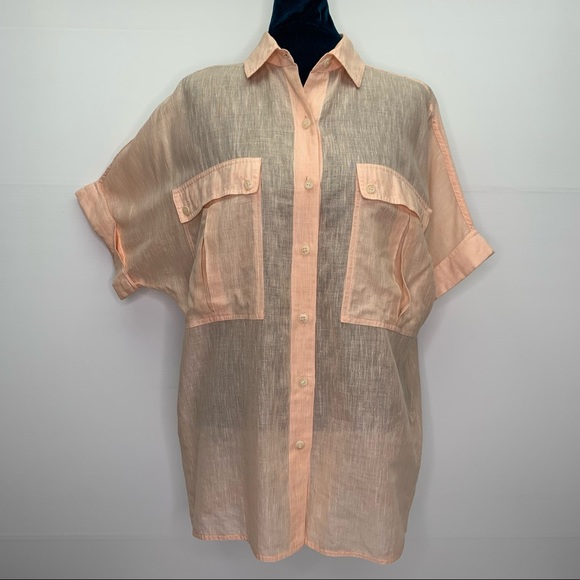 Tahari Size 8 Shirt Linen & Cotton Button Down Sheer
